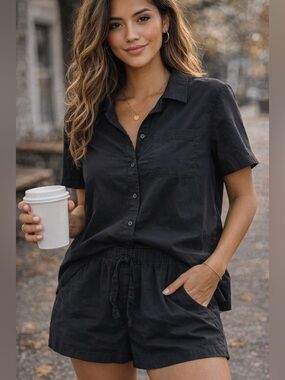 GAP Black Cotton Lounge Set | Button-Up Top & Shorts | Size Large